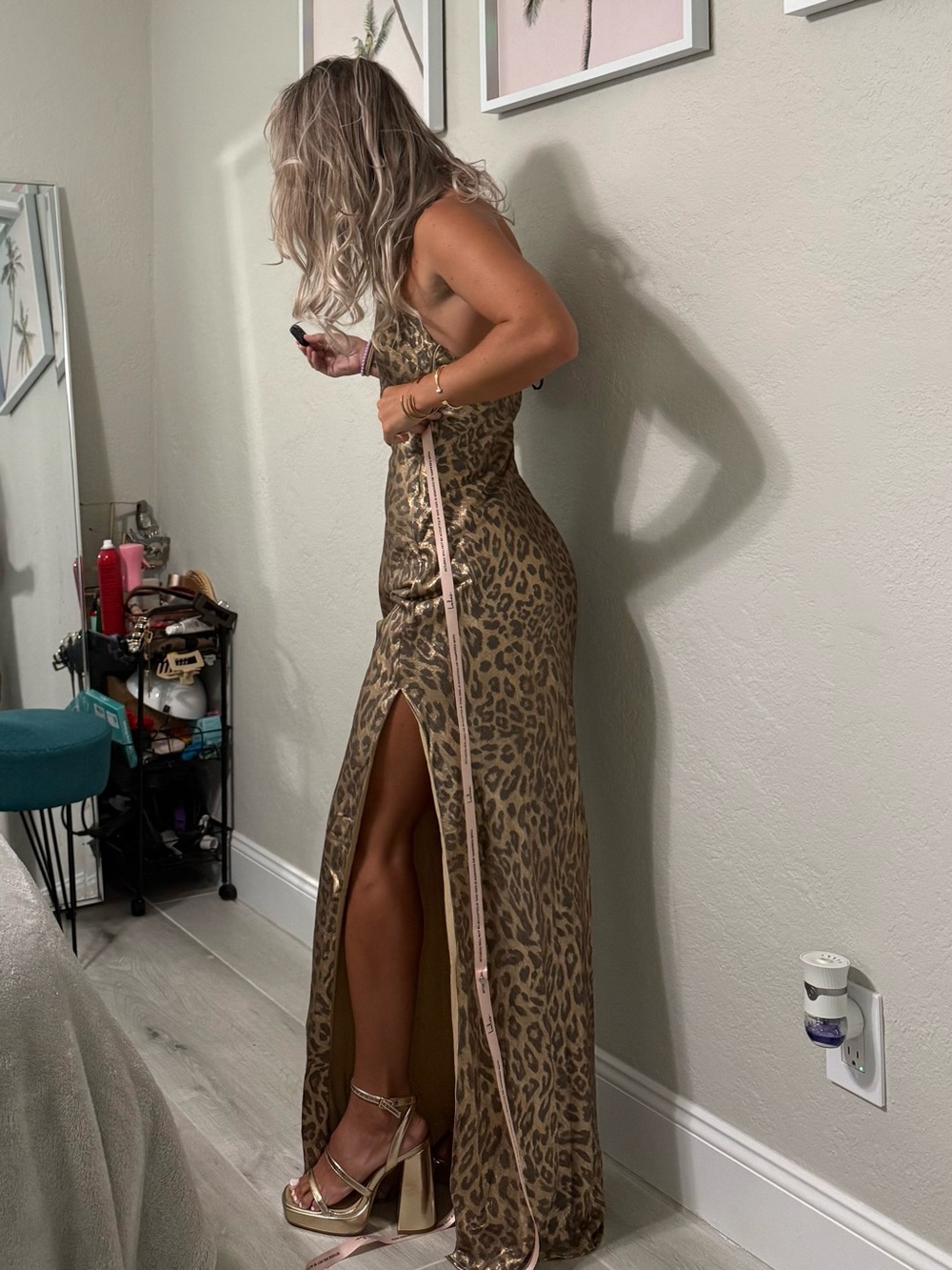 Lulu's Gold Leopard Satin Strapless Maxi Dress - Picture 3 of 6